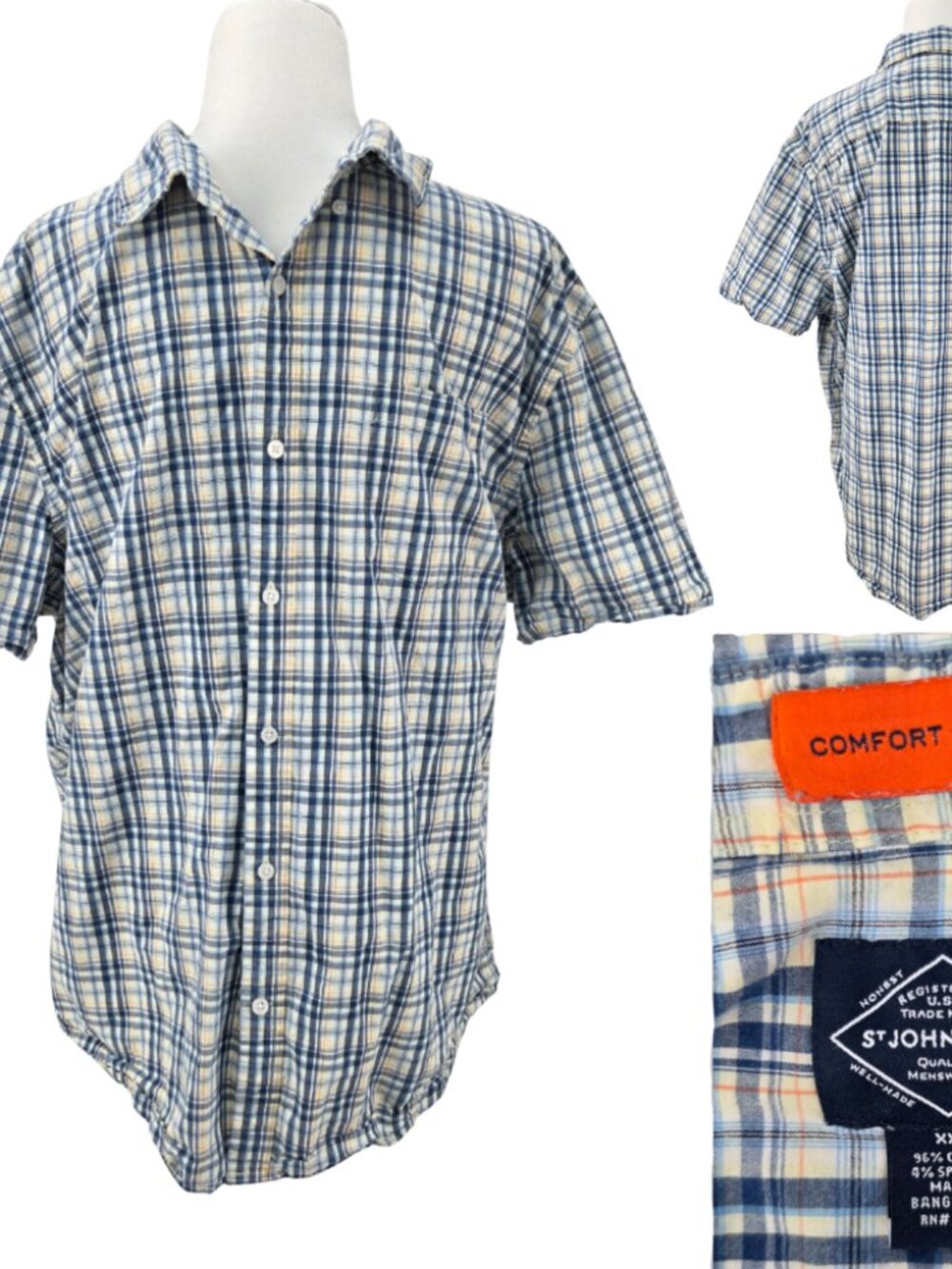 St Johns Bay Men 2XL Blue Plaid Cotton Comfort Flex Fit Button Down Poplin Shirt